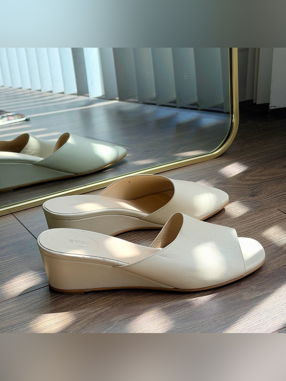 Everlane Cream Open-Toe Leather Wedge Mules